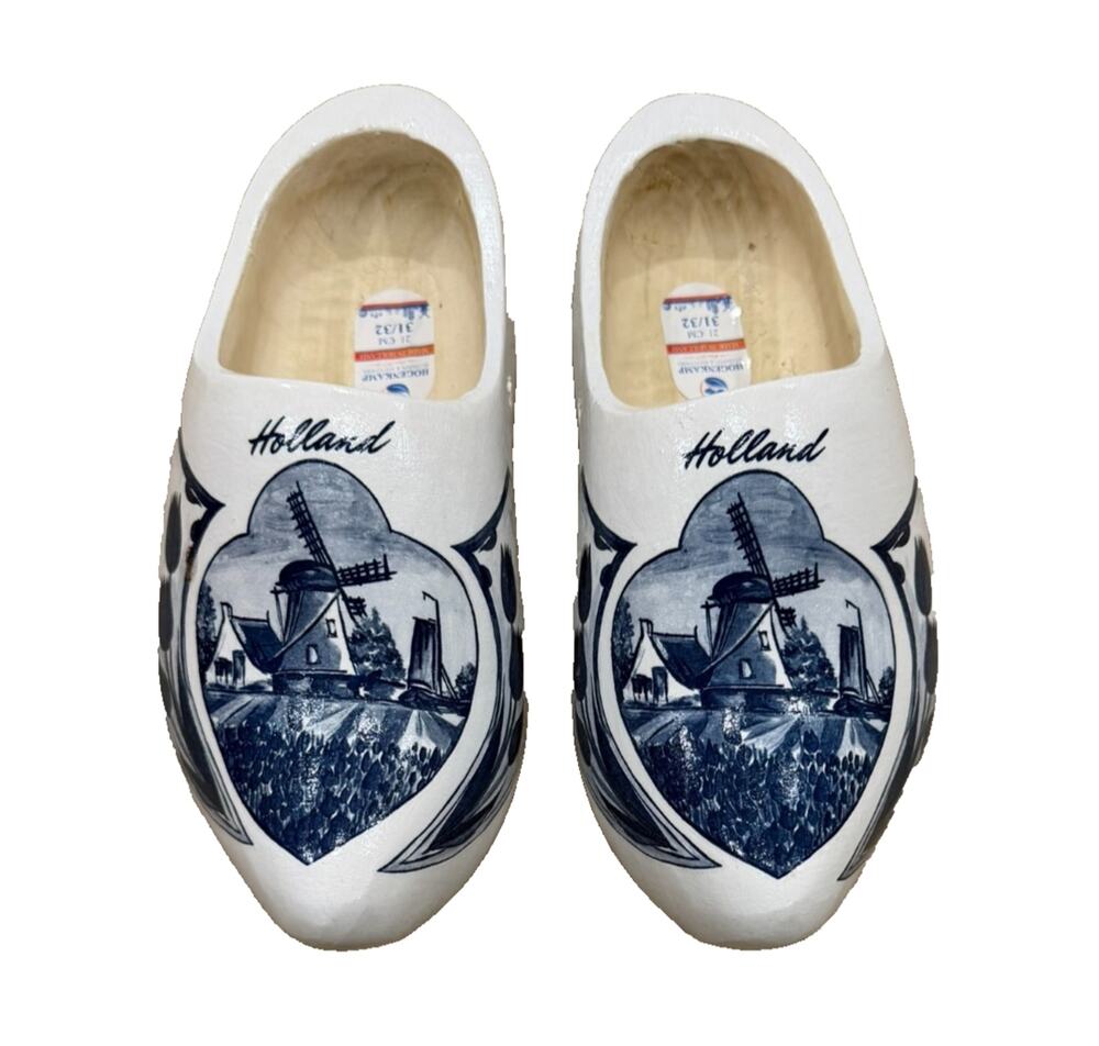 Holland Wooden Clogs Blue White Dutch Shoes Delft Klompen Windmill Size 31 / 32